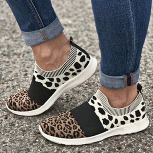 Women Large Size Mesh Breathable Leopard Pattern Elastic Band Slip On Sneakers 