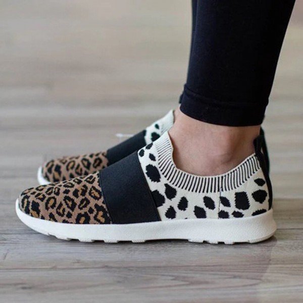 Women Large Size Mesh Breathable Leopard Pattern Elastic Band Slip On Sneakers 