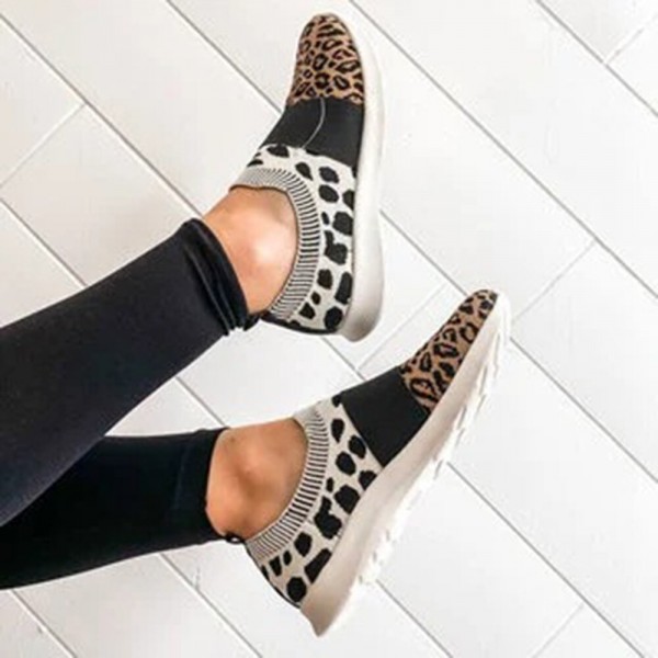 Women Large Size Mesh Breathable Leopard Pattern Elastic Band Slip On Sneakers 