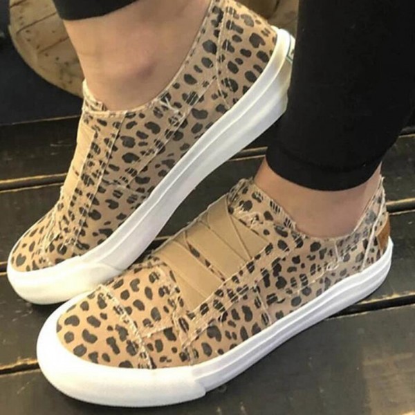 Woemn Leopard Printing Elastic Band Casual Canvas Flat Shoes 