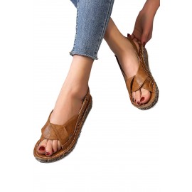 Brown Leather Peep Toe Wedge Sandals
