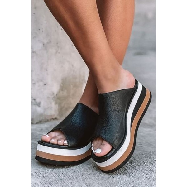 Black Color-Blocking Peep Toe Wedge Heel Sandals 