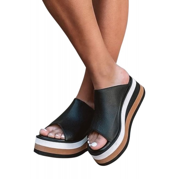 Black Color-Blocking Peep Toe Wedge Heel Sandals 