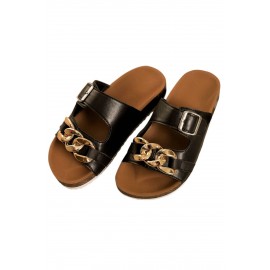 Black Hardware Decor Hollow-out PU Leather Flat Sandals