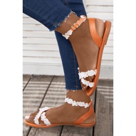 Brown Cross Lace Ruffle Comfort Flat Buckle Sandals