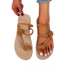 Brown PU Leather Strappy Flat Flip Flops