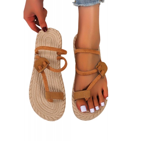 Brown PU Leather Strappy Flat Flip Flops 