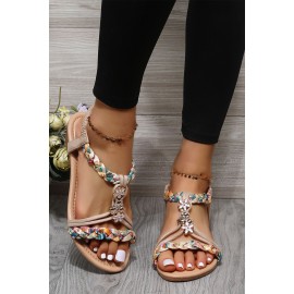 Apricot Flower Decor Braided Design Ankle Strap Sandals