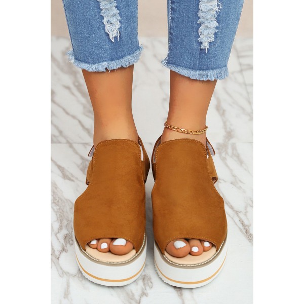 Brown Suede Open Toe Wedge Sandals 