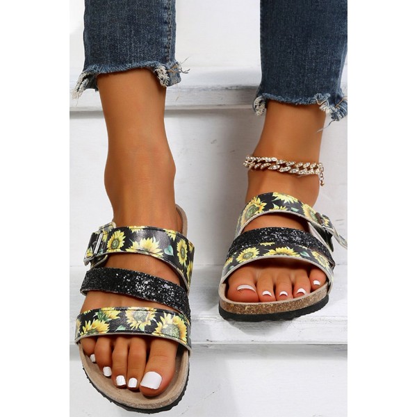 Black Sunflower Print Sparkly Buckle Strap Slippers 