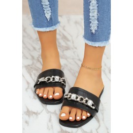 Black Chain Decor PU Flat Slippers