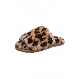 Brown Leopard Open Toe Plush Slippers