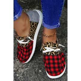 Buffalo Plaid Leopard Splicing Slip On Flat Sneakers