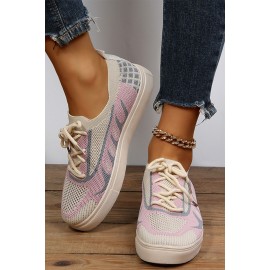 Pink Mesh Knitted Round Toe Lace-up Sneakers